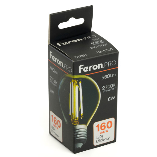 Лампа светодиодная Feron.PRO LB-1706 Шарик E27 960LM 6W 175-265V 2700K Лампа светодиодная Feron.PRO LB-1706 Шарик E27 960LM 6W 175-265V 2700K