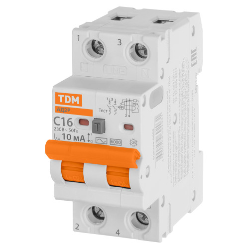 Дифференциальный автоматический выключатель АД2P 2Р С16 10мА 6кА тип АС TDM Дифференциальный автоматический выключатель АД2P 2Р С16 10мА 6кА тип АС TDM