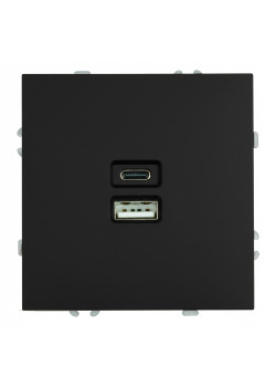 Розетка 2-местная USB + Type C (механизм), STEKKER, 250В, 20W, серия Эмили, RST10-5115-05, черный уголь, soft touch