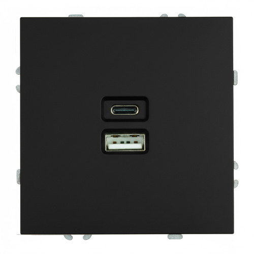 Розетка 2-местная USB + Type C (механизм), STEKKER, 250В, 20W, серия Эмили, RST10-5115-05, черный уголь, soft touch