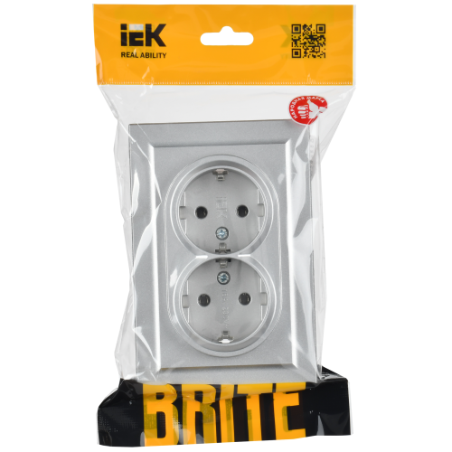 BRITE Розетка 2-местная с заземлением без защитных шторок 16А в сборе РС12-3-БрА алюминий IEK