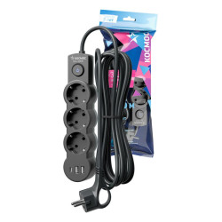 Удлинитель 3х1.5м с заземл. 10А IP20 USB 2800Вт 220В ПВС 3х1 с выкл. черн. КОСМОС YKsm1.5m3g-Z-VU10А-B
