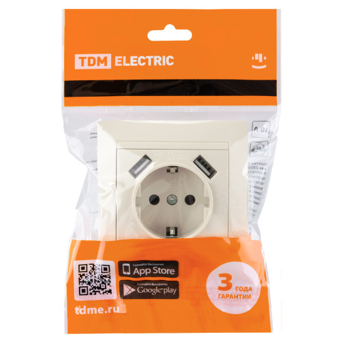 Розетка 2П+З 16А 250В + 2 USB порта 2,1А 5В сл.кость Розетка 2П+З 16А 250В + 2 USB порта 2,1А 5В сл.кость