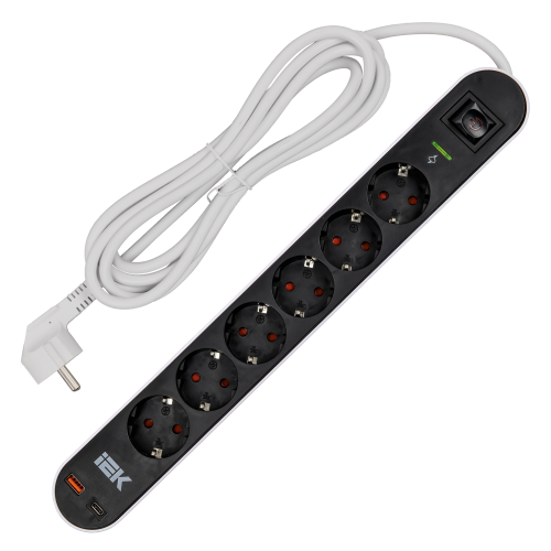 Фильтр сетевой СФ-06К 16А USB A+C 20Вт 3м 3х1,5мм2 черный IEK