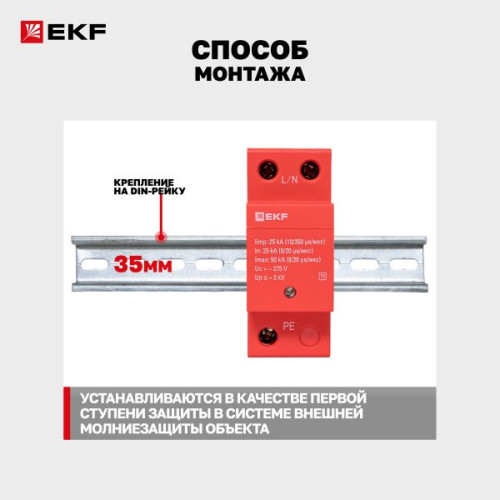 УЗИП Класс 1 Iimp 25kA (10/350μs) 1P EKF УЗИП Класс 1 Iimp 25kA (10/350μs) 1P EKF