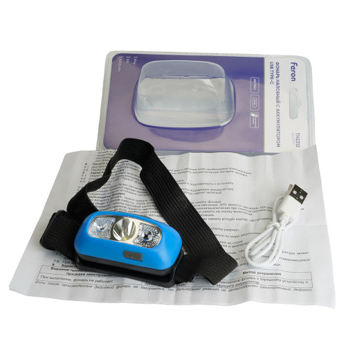 Фонарь налобный Feron TH2312 с аккумулятором 5W USB IP44, пластик Фонарь налобный Feron TH2312 с аккумулятором 5W USB IP44, пластик