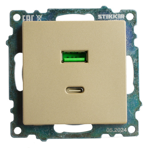 Розетка 2-местная USB + type C (механизм), 250В, 3А, max 20W, STEKKER, GLS10-7116-08, серия Катрин, золото Розетка 2-местная USB + type C (механизм), 250В, 3А, max 20W, STEKKER, GLS10-7116-08, серия Катрин, золото