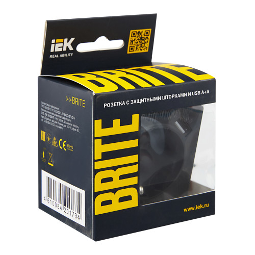 BRITE Розетка 1-местная с заземлением с защитными шторками 16А с USB A+A 5В 2,1А РЮш10-1-БрГ графит IEK BRITE Розетка 1-местная с заземлением с защитными шторками 16А с USB A+A 5В 2,1А РЮш10-1-БрГ графит IEK