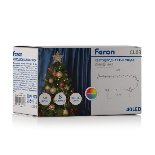 Светодиодная гирлянда Feron CL03 линейная 4м +1.5м 230V мультиколор, c питанием от сети, контроллером, зеленый шнур Светодиодная гирлянда Feron CL03 линейная 4м +1.5м 230V мультиколор, c питанием от сети, контроллером, зеленый шнур