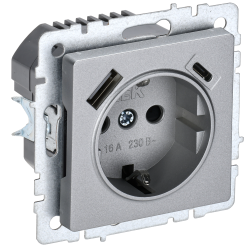 BRITE Розетка 1-местная с заземлением с защитными шторками 16А с USB A+C 18Вт РЮш11-1-БрА алюминий IEK