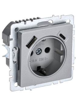 BRITE Розетка 1-местная с заземлением с защитными шторками 16А с USB A+C 18Вт РЮш11-1-БрА алюминий IEK