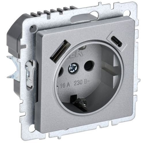 BRITE Розетка 1-местная с заземлением с защитными шторками 16А с USB A+C 18Вт РЮш11-1-БрА алюминий IEK