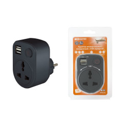 Адаптер универсальный поворотный  с/з 250В 16А + 2USB 2.1A черный TDM