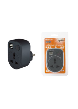 Адаптер универсальный поворотный  с/з 250В 16А + 2USB 2.1A черный TDM