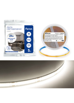 Светодиодная COB лента Feron LS530, 320SMD(2110) 10Вт/м 24V 5000*8*1.8мм 4000К IP20