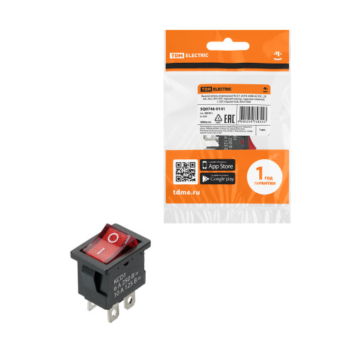 Выключатель клавишный KCD1-201N 250В AC/DC, 2P, 6А, (4с), ON-OFF, черный корпус, красная клавиша с LED подсветкой, Mini TDM