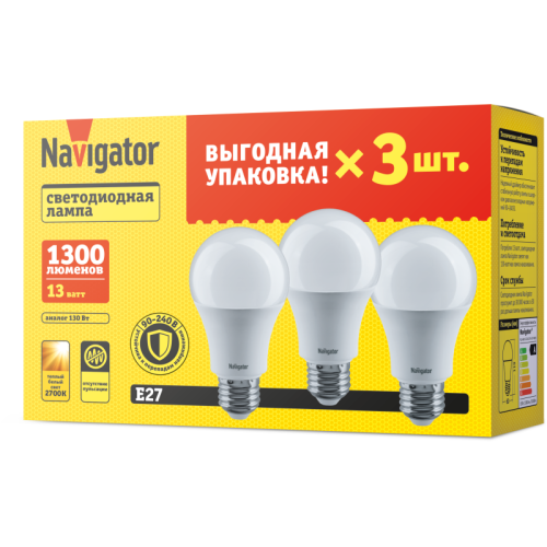 Лампа светодиодная 95 318 NLL-A60-13-230-2.7K-E27-PACK3 NAVIGATOR 95318 Лампа светодиодная 95 318 NLL-A60-13-230-2.7K-E27-PACK3 NAVIGATOR 95318