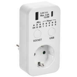 РТЭ-4 Розетка-таймер электронный с USB A+C 15мин-8ч 16А IP20 белый IEK