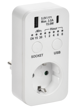 РТЭ-4 Розетка-таймер электронный с USB A+C 15мин-8ч 16А IP20 белый IEK