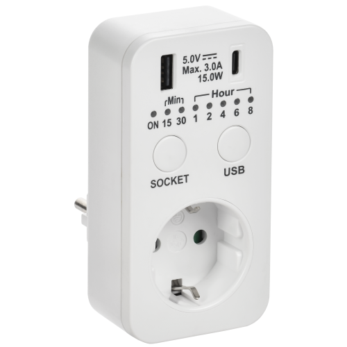 РТЭ-4 Розетка-таймер электронный с USB A+C 15мин-8ч 16А IP20 белый IEK