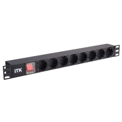 ITK PDU 8 розеток нем. стандарт, с LED выключателем,1U, без шнура, вх. C14, алюминиевый профиль