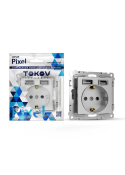 Розетка 1-м СП Pixel с заземл. с 2-мя заряд. устр. USB тип A+A механизм алюм. TOKOV ELECTRIC TKE-PX-R1U2A-C03