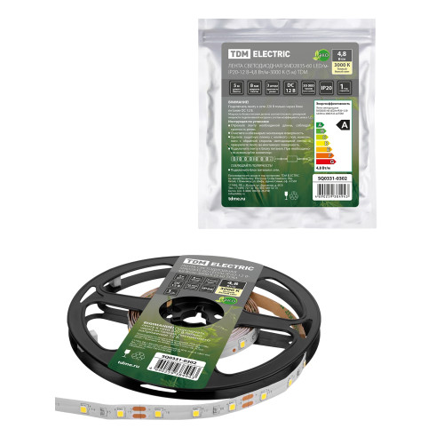 Лента светодиодная SMD2835-60 LED/м-IP20-12 В-4,8 Вт/м-3000 К (5 м) TDM Лента светодиодная SMD2835-60 LED/м-IP20-12 В-4,8 Вт/м-3000 К (5 м) TDM