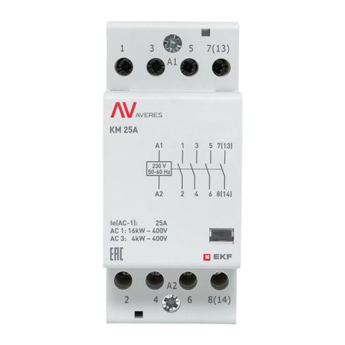 Контактор модульный КМ 25А 4NO 230В АС (2 мод.) AVERES EKF Контактор модульный КМ 25А 4NO 230В АС (2 мод.) AVERES EKF