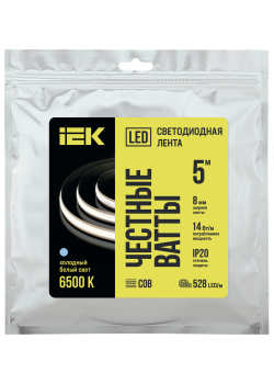 Лента светодиодная 5м COB 528LED/м freecut свободная резка 14Вт/м IP20 ширина 8мм 24В холодный белый IEK