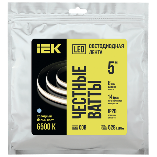Лента светодиодная 5м COB 528LED/м freecut свободная резка 14Вт/м IP20 ширина 8мм 24В холодный белый IEK