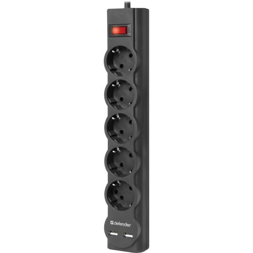 Сетевой фильтр Defender DFS 755 5,0 м, 5 розеток, 2xUSB, 2.1A