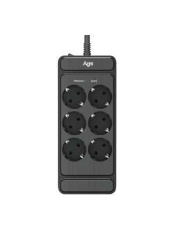 Сетевой фильтр AGNI плоский TP-FS6E-3m-black, 6 розеток Schuko, чёрный, кабель 3 метра, мощность нагрузки 4000 Вт, 16А, заземление, защита от короткого замыкания, сечение кабеля 3 х 1.5 кв.мм., размер 236х101х40 мм.