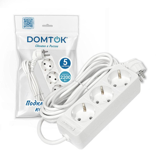 Удлинитель 3х5м с заземл. 10А IP20 2.2кВт ПВС 3х0.75 бел. DOMTOK 2376 Удлинитель 3х5м с заземл. 10А IP20 2.2кВт ПВС 3х0.75 бел. DOMTOK 2376