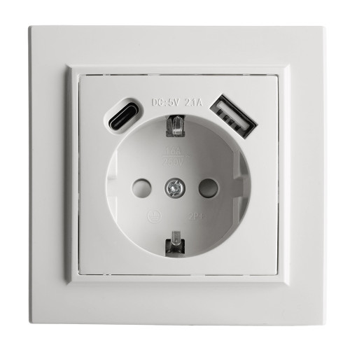Розетка 1-местная STEKKER, PST16-9016-01, 250В, 2.1А с USB+ type C, серия Эрна, белый Розетка 1-местная STEKKER, PST16-9016-01, 250В, 2.1А с USB+ type C, серия Эрна, белый