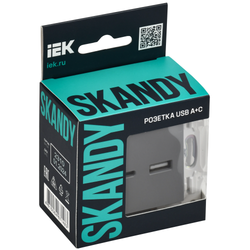 SKANDY Розетка USB A+C 3,1А SK-R14Gr серый IEK SKANDY Розетка USB A+C 3,1А SK-R14Gr серый IEK