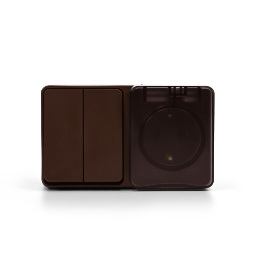 ATLASDESIGN PROFI IP54 О/У БЛОК: РОЗЕТКА с заземл. со шт., 16А, ВЫКЛЮЧАТЕЛЬ 2-клав., 10АХ, КОРИЧНЕВЫ
