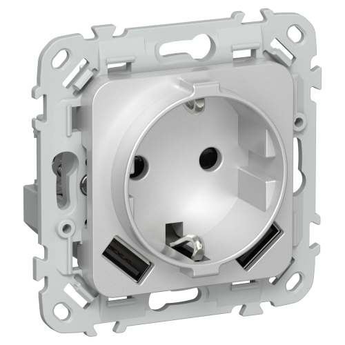 FLITE Розетка 1-местная с заземлением с защитными шторками 16А с USB A+A 3,1А безвинтовое крепление РСЮша11-1-ФлА алюминий IEK
