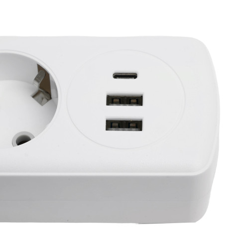 Удлинитель 3-местный c/з 3x1 мм2, 1,8 м, 250В, 10А, 2USB+1Type-C 2,4А, серия Home plus, белый STEKKER HM08-33-02 Удлинитель 3-местный c/з 3x1 мм2, 1,8 м, 250В, 10А, 2USB+1Type-C 2,4А, серия Home plus, белый STEKKER HM08-33-02