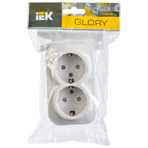 GLORY Розетка 2-местная для открытой установки с заземлением с защитными шторками 16А РСш22-3-ХБ белый IEK GLORY Розетка 2-местная для открытой установки с заземлением с защитными шторками 16А РСш22-3-ХБ белый IEK