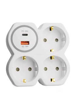 Разветвитель сетевой на 3 выхода с/з, STEKKER, 250В, 16А, USB A+Type C, 2,4А, PD, белый/серый ADP16-17-20