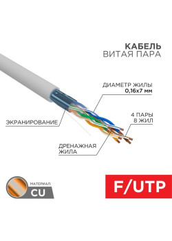 Кабель витая пара F/UTP кат.5E 4х2х24AWG медь МЖ сер. (305м) Rexant 01-0145