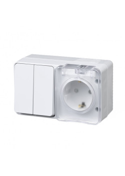 ATLASDESIGN PROFI IP54 О/У БЛОК: РОЗЕТКА с заземл. со шт., 16А, ВЫКЛЮЧАТЕЛЬ 2-клав., 10АХ, БЕЛЫЙ