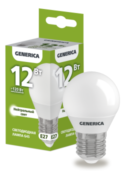 Лампа светодиодная G45 шар 12Вт 230В 4000К E27 GENERICA