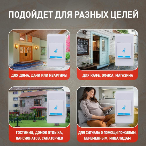 Звонок дверной беспроводной батарейках/ Звонок дверной беспроводной на батарейках 32 мелодии 100м IP20 со световой индикацией белый ААА A05 Звонок дверной беспроводной батарейках/ Звонок дверной беспроводной на батарейках 32 мелодии 100м IP20 со световой индикацией белый ААА A05