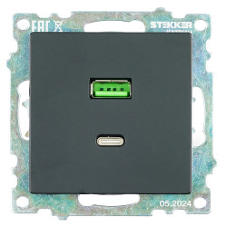 Розетка 2-местная USB + type C (механизм), STEKKER GLS10-7116-05, 250B, 3А, серия Катрин, черный