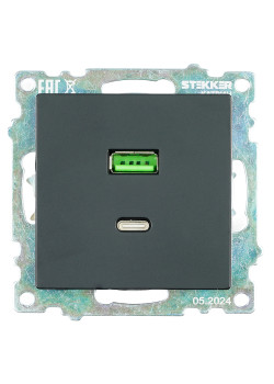 Розетка 2-местная USB + type C (механизм), STEKKER GLS10-7116-05, 250B, 3А, серия Катрин, черный