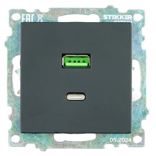 Розетка 2-местная USB + type C (механизм), STEKKER GLS10-7116-05, 250B, 3А, серия Катрин, черный