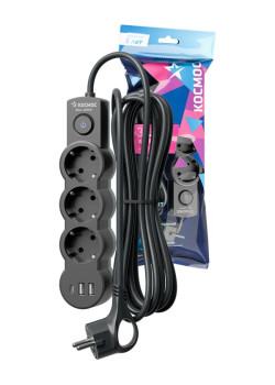 Удлинитель 3х5м с заземл. 10А IP20 USB 2800Вт 220В ПВС 3х1 с выкл. черн. КОСМОС YKsm5m3g-Z-VU10А-B