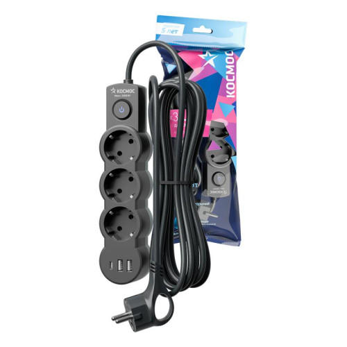 Удлинитель 3х5м с заземл. 10А IP20 USB 2800Вт 220В ПВС 3х1 с выкл. черн. КОСМОС YKsm5m3g-Z-VU10А-B
