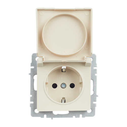BRITE Розетка 1-местная с заземлением с защитными шторками и крышкой 16А IP44 РСбш10-3-44-БрКр бежевый IEK